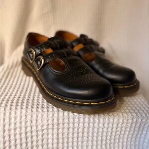 Dr. Martens 8065 Black Mary Jane Shoes with Yellow Stitching